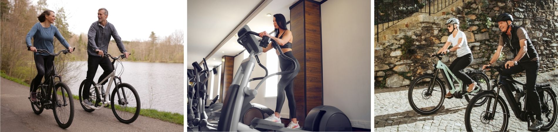 Dreiteilige Bildcollage: Paar fährt Stepper-Fahrrad am See, Frau trainiert an einem Crosstrainer im Fitnessstudio, zwei Personen fahren mit Helmen E-Bike.
